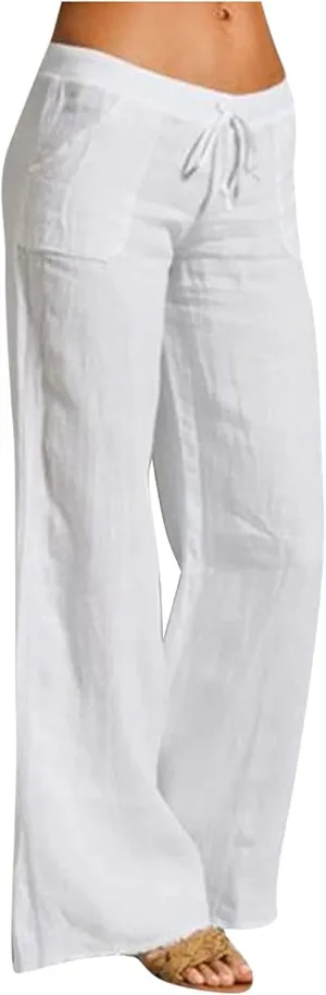 Unlimit Womens Casual Pants Wide Legs Cotton Linen, Soft Comfy Long Lounge Pants for Summer, Elastic Waist Trousers w Pockets