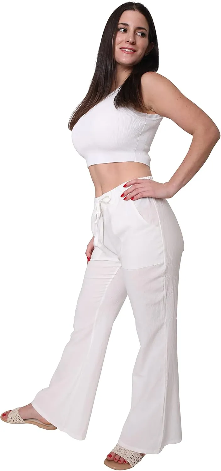 Unlimit Womens Casual Pants Wide Legs Cotton Linen, Soft Comfy Long Lounge Pants for Summer, Elastic Waist Trousers w Pockets