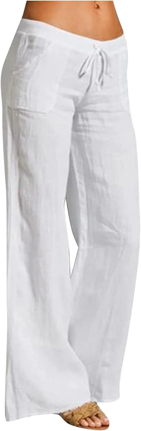 Unlimit Womens Casual Pants Wide Legs Cotton Linen, Soft Comfy Long Lounge Pants for Summer, Elastic Waist Trousers w Pockets