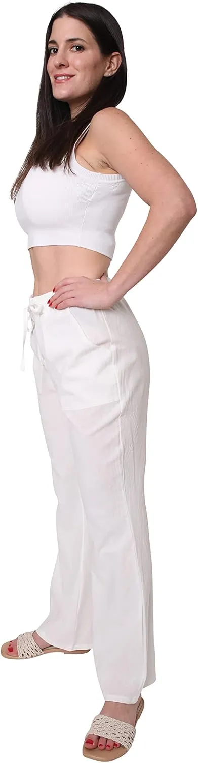Unlimit Womens Casual Pants Wide Legs Cotton Linen, Soft Comfy Long Lounge Pants for Summer, Elastic Waist Trousers w Pockets