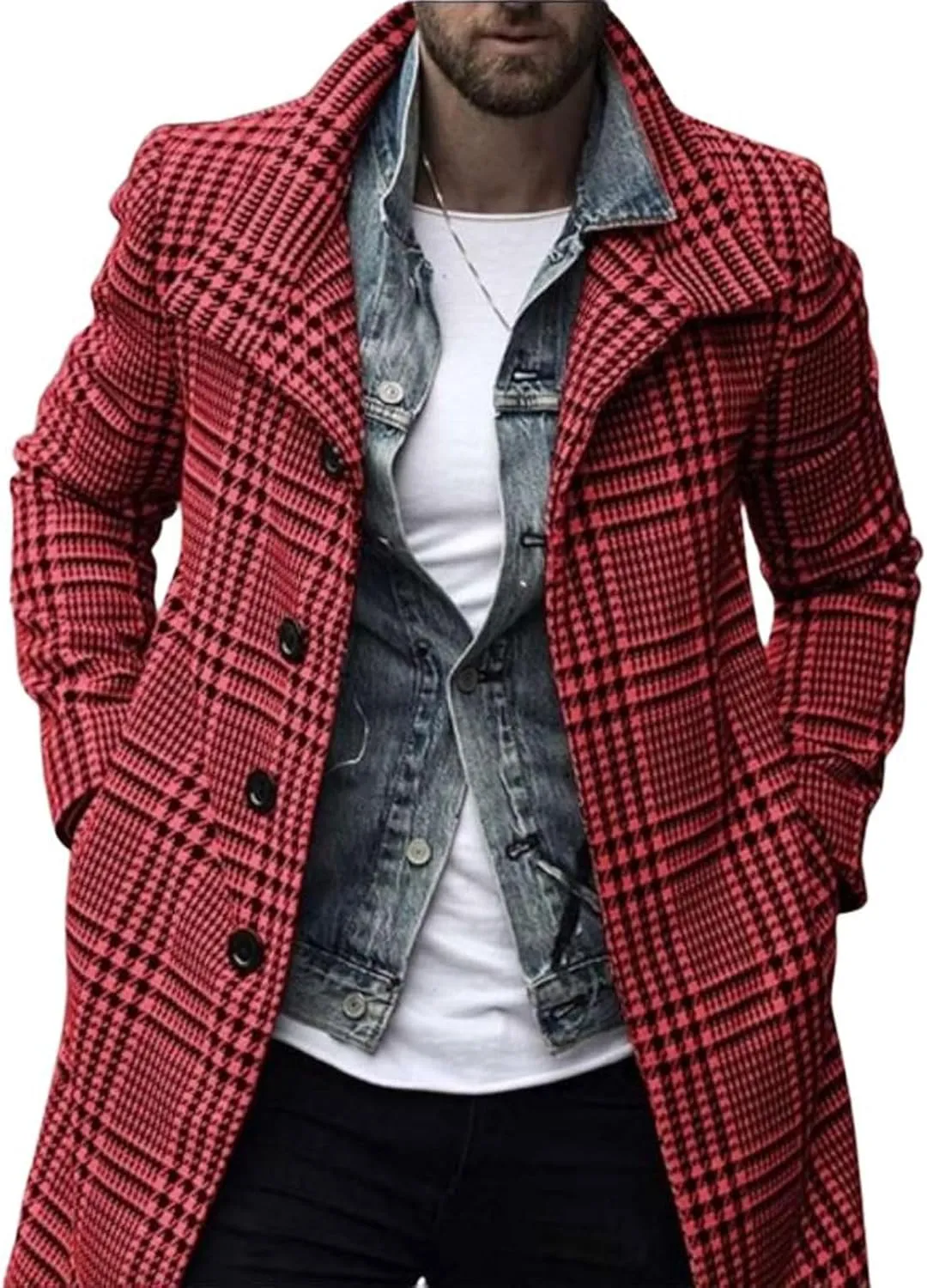 utcoco Men's Plaid Trench Coat Lapel Single Breasted Peacoat 2024 Fall Winter Overcoat With Pockets