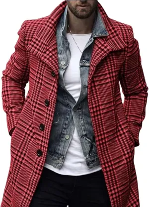 utcoco Men's Plaid Trench Coat Lapel Single Breasted Peacoat 2024 Fall Winter Overcoat With Pockets