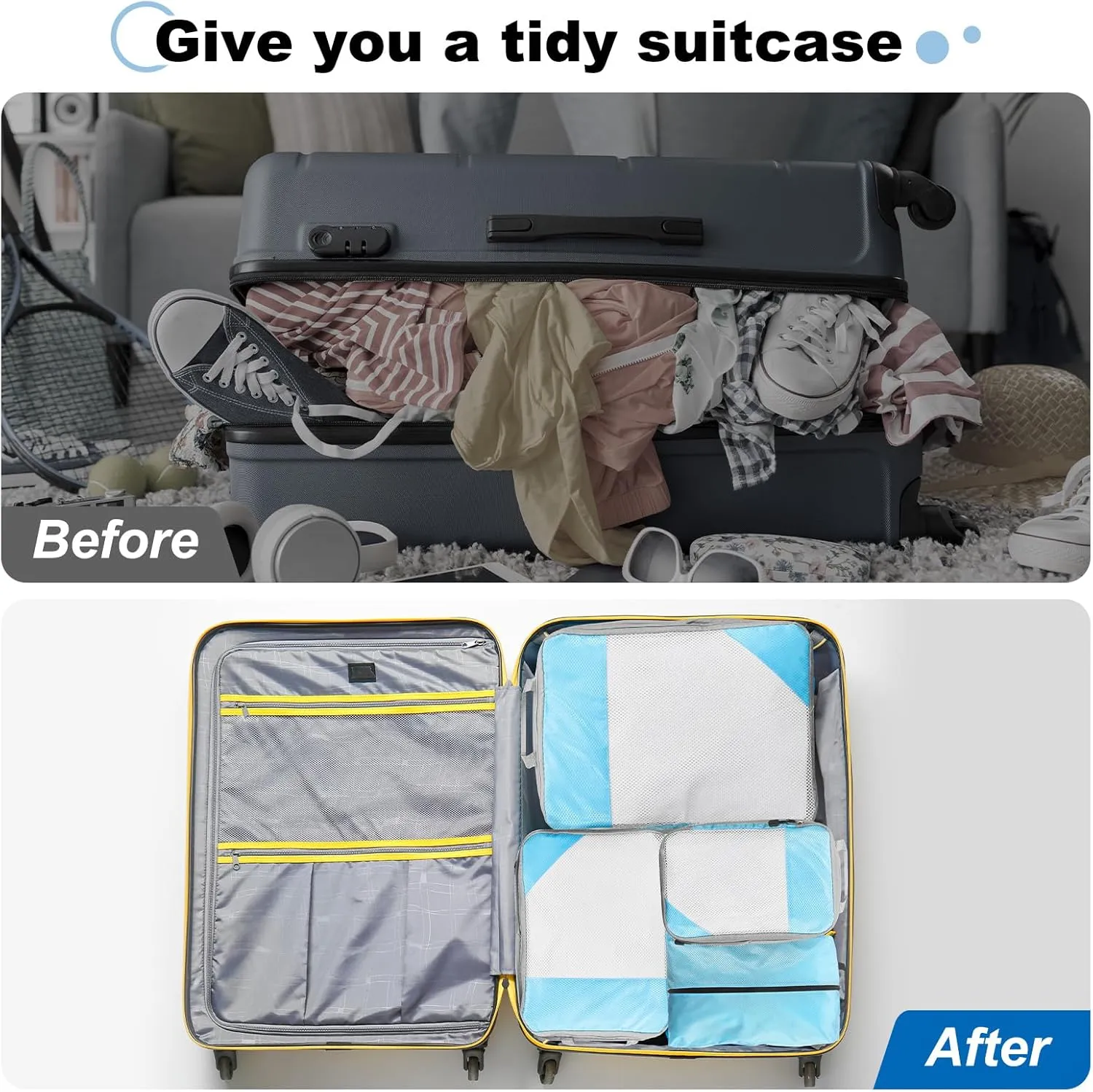 uxcell 4Pcs Compression Packing Cube for Travel, See Through Mesh Waterproof Nylon Luggage Organizer Bags Lightweight Compression Cube for Outdoor Carry on Suitcases Backpack, Sky Blue