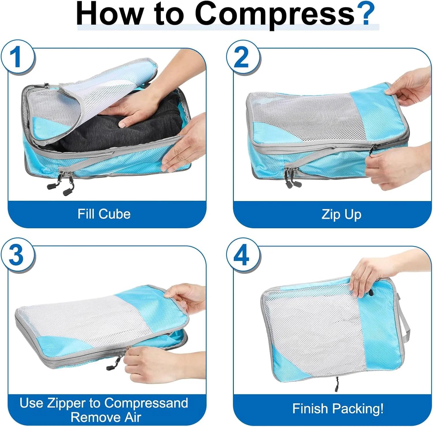 uxcell 4Pcs Compression Packing Cube for Travel, See Through Mesh Waterproof Nylon Luggage Organizer Bags Lightweight Compression Cube for Outdoor Carry on Suitcases Backpack, Sky Blue