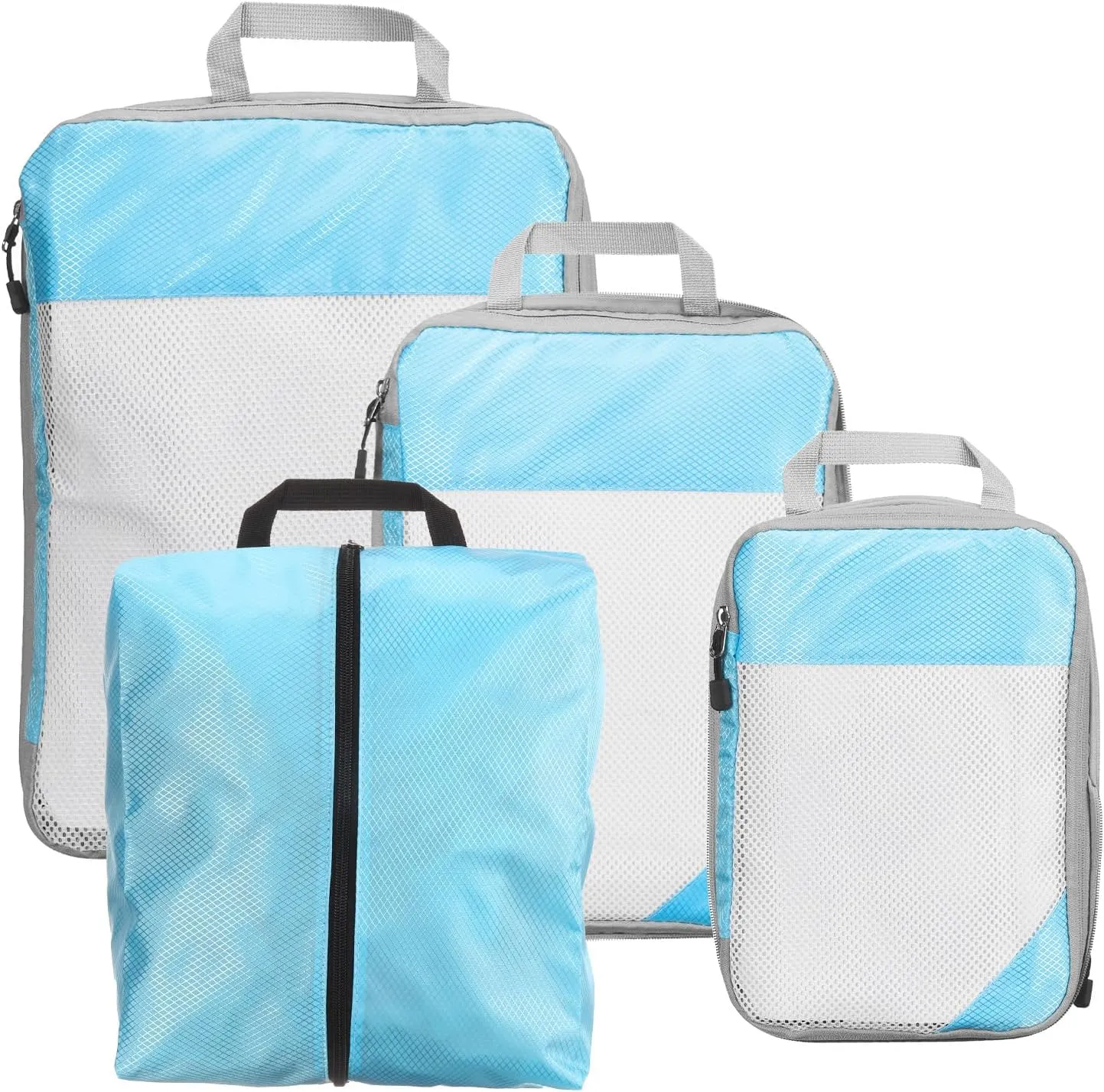 uxcell 4Pcs Compression Packing Cube for Travel, See Through Mesh Waterproof Nylon Luggage Organizer Bags Lightweight Compression Cube for Outdoor Carry on Suitcases Backpack, Sky Blue