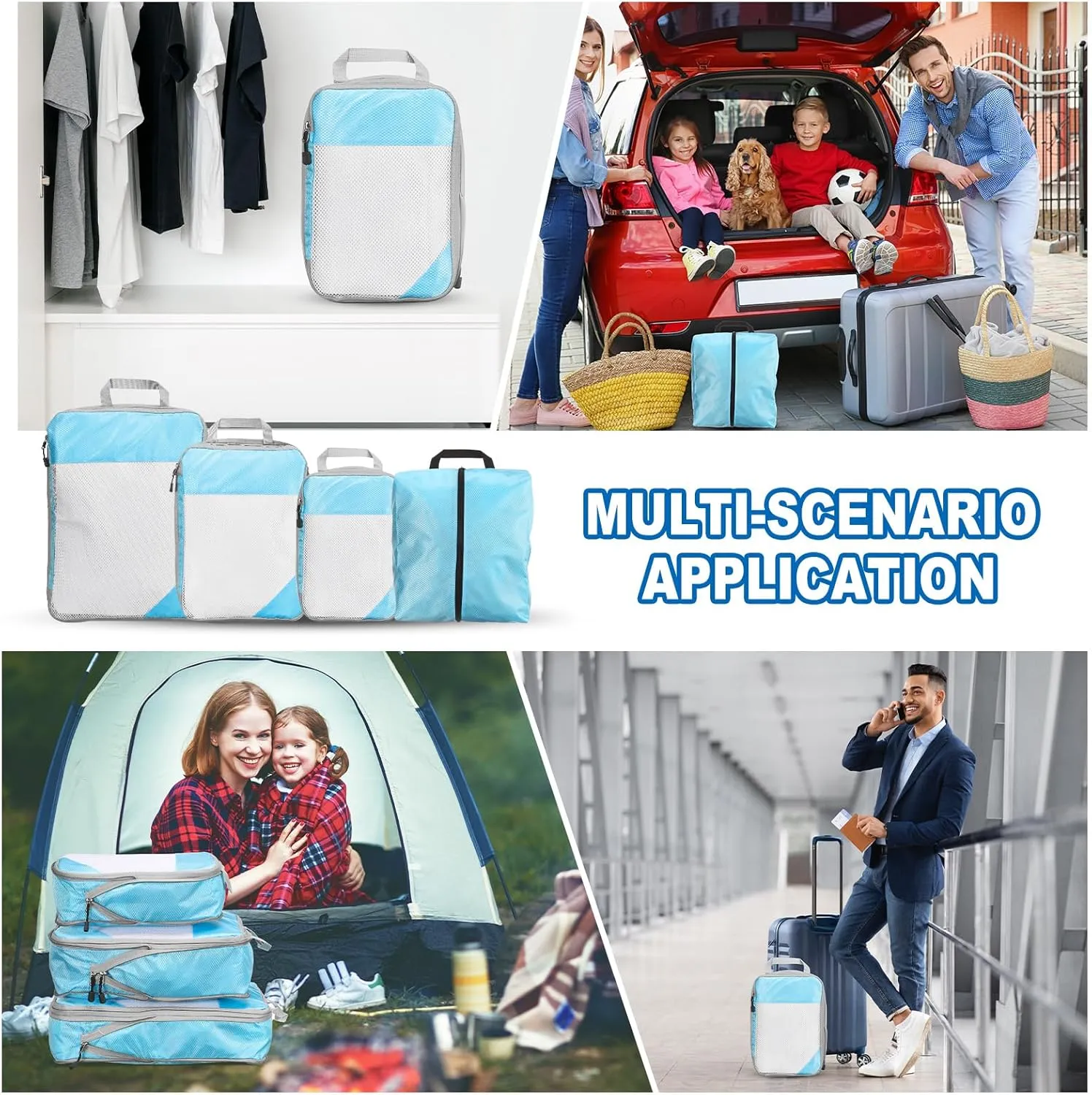 uxcell 4Pcs Compression Packing Cube for Travel, See Through Mesh Waterproof Nylon Luggage Organizer Bags Lightweight Compression Cube for Outdoor Carry on Suitcases Backpack, Sky Blue