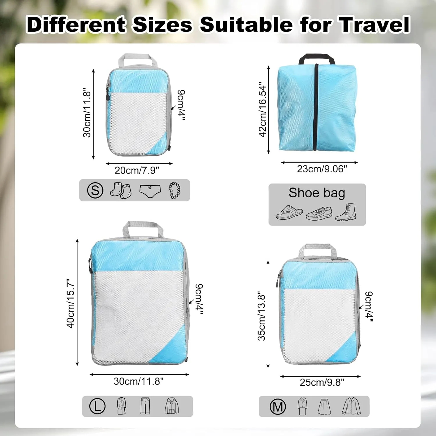 uxcell 4Pcs Compression Packing Cube for Travel, See Through Mesh Waterproof Nylon Luggage Organizer Bags Lightweight Compression Cube for Outdoor Carry on Suitcases Backpack, Sky Blue