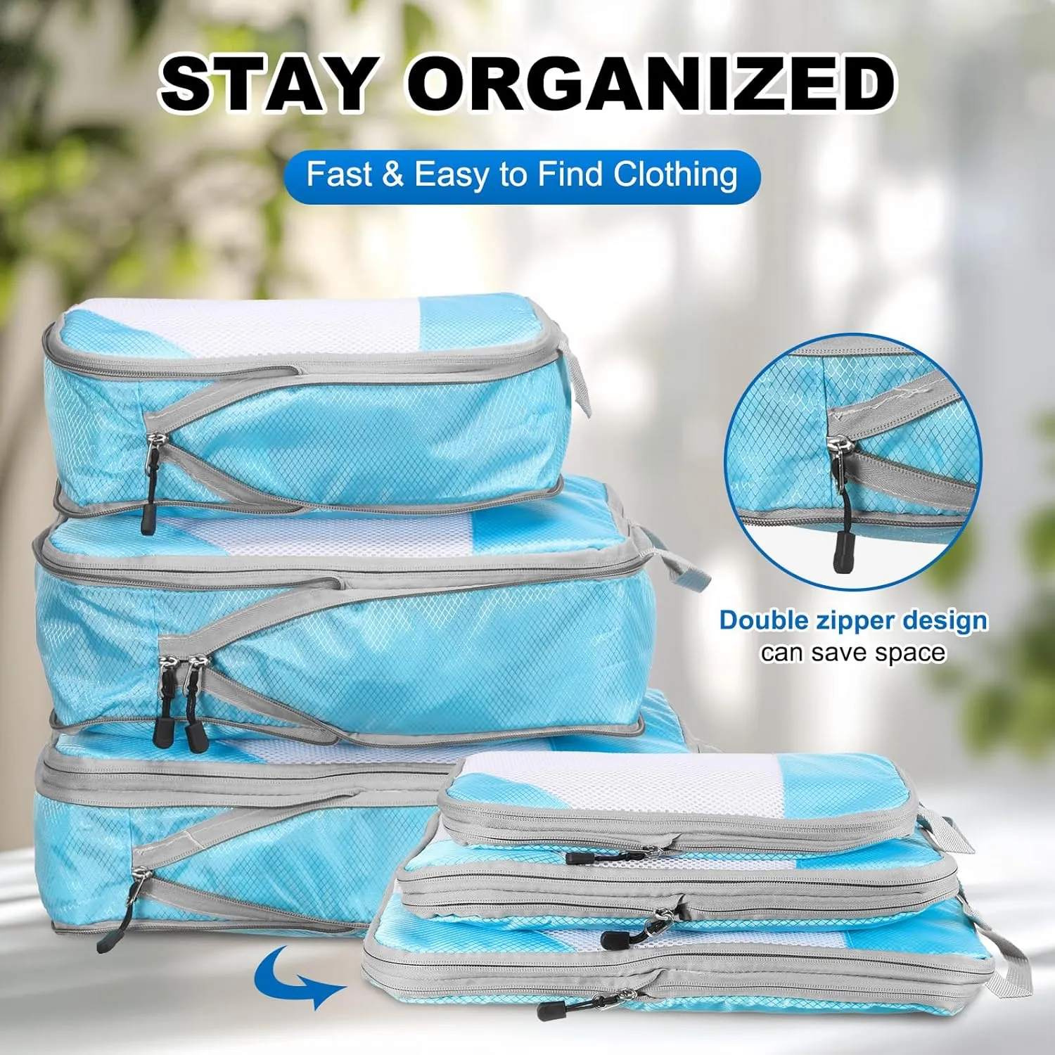 uxcell 4Pcs Compression Packing Cube for Travel, See Through Mesh Waterproof Nylon Luggage Organizer Bags Lightweight Compression Cube for Outdoor Carry on Suitcases Backpack, Sky Blue