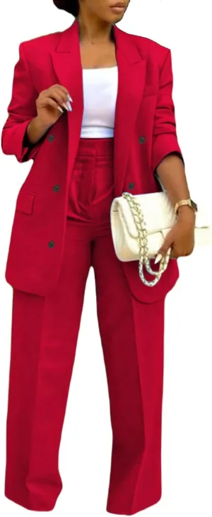 Vakkest Pant Suits for Women Dressy 2 Piece Outfit Business Casual Blazer Jackets and Wide Leg Work Office Slacks Set
