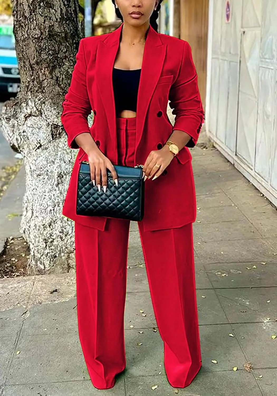 Vakkest Pant Suits for Women Dressy 2 Piece Outfit Business Casual Blazer Jackets and Wide Leg Work Office Slacks Set