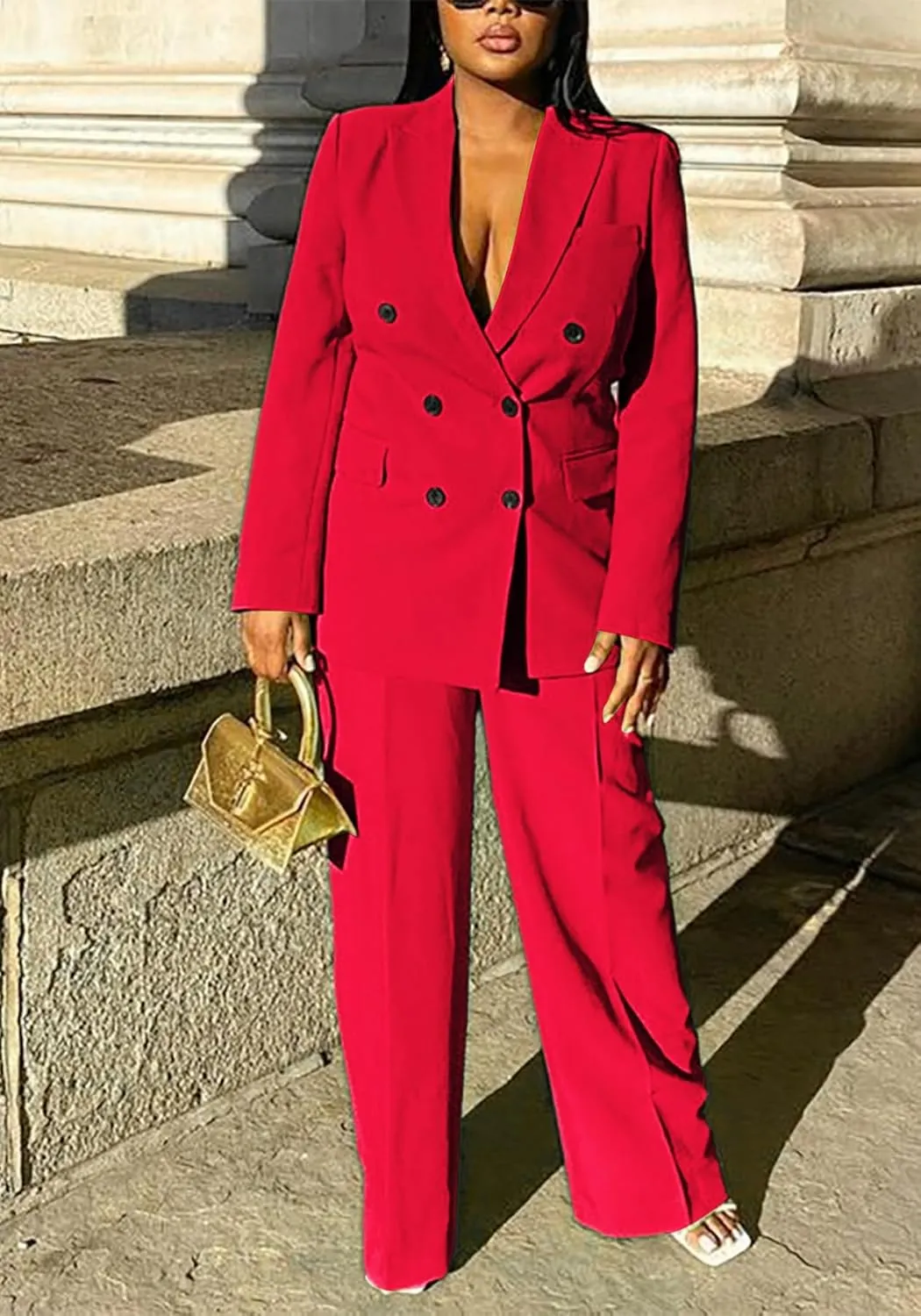 Vakkest Pant Suits for Women Dressy 2 Piece Outfit Business Casual Blazer Jackets and Wide Leg Work Office Slacks Set