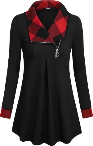 VALOLIA Women's Casual Swing Sweatshirt Long Sleeve Zipper Lapel Fashion Pullover Tunic