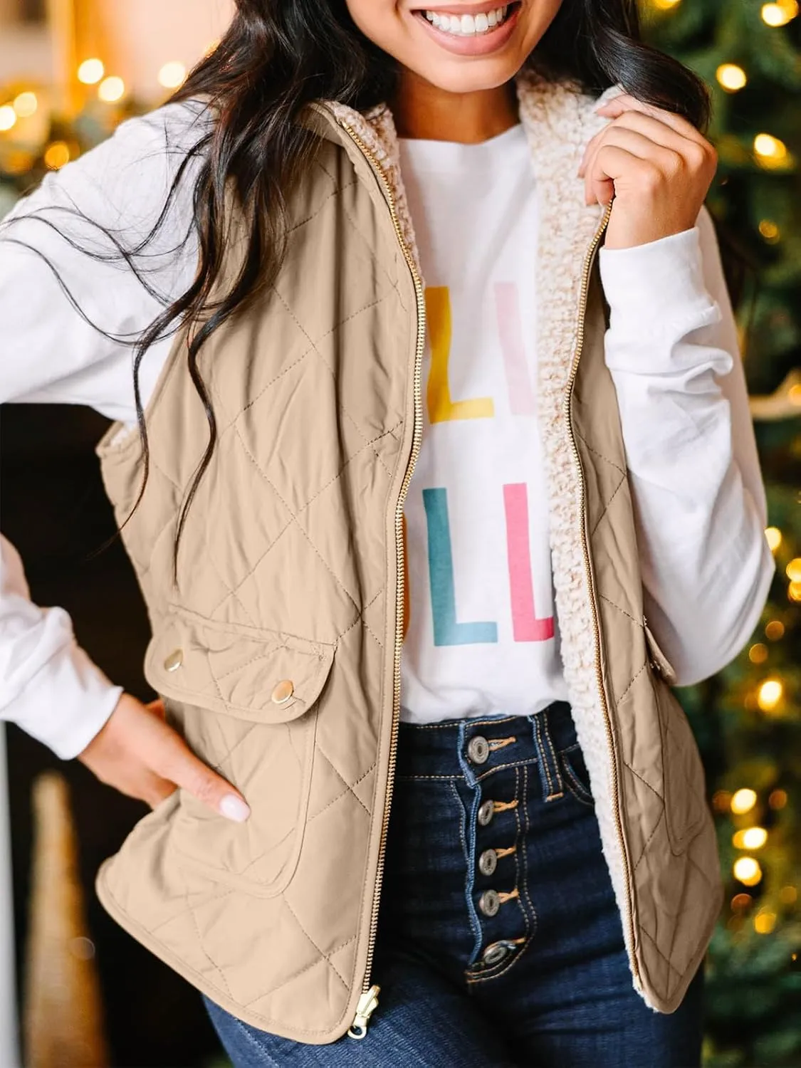 Valphsio Women's Reversible Sherpa Vest Quilted Zip Fleece Padded Gilet with Pockets