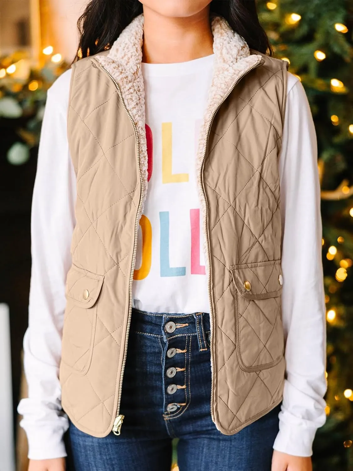 Valphsio Women's Reversible Sherpa Vest Quilted Zip Fleece Padded Gilet with Pockets