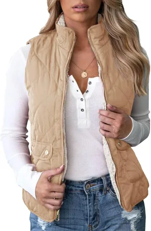 Valphsio Women's Reversible Sherpa Vest Quilted Zip Fleece Padded Gilet with Pockets
