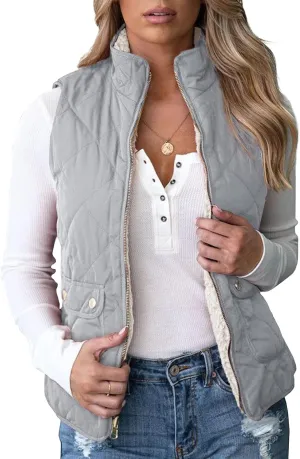 Valphsio Women's Reversible Sherpa Vest Quilted Zip Fleece Padded Gilet with Pockets