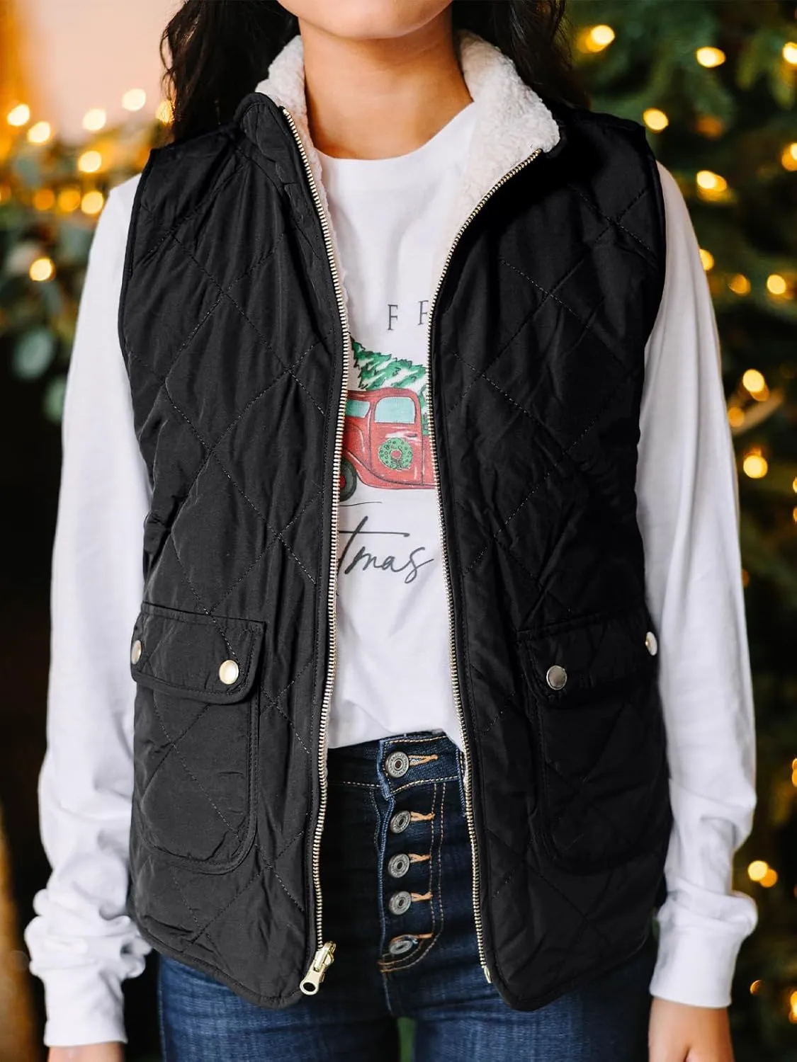 Valphsio Women's Reversible Sherpa Vest Quilted Zip Fleece Padded Gilet with Pockets