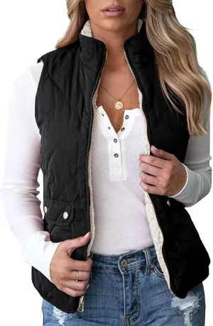 Valphsio Women's Reversible Sherpa Vest Quilted Zip Fleece Padded Gilet with Pockets