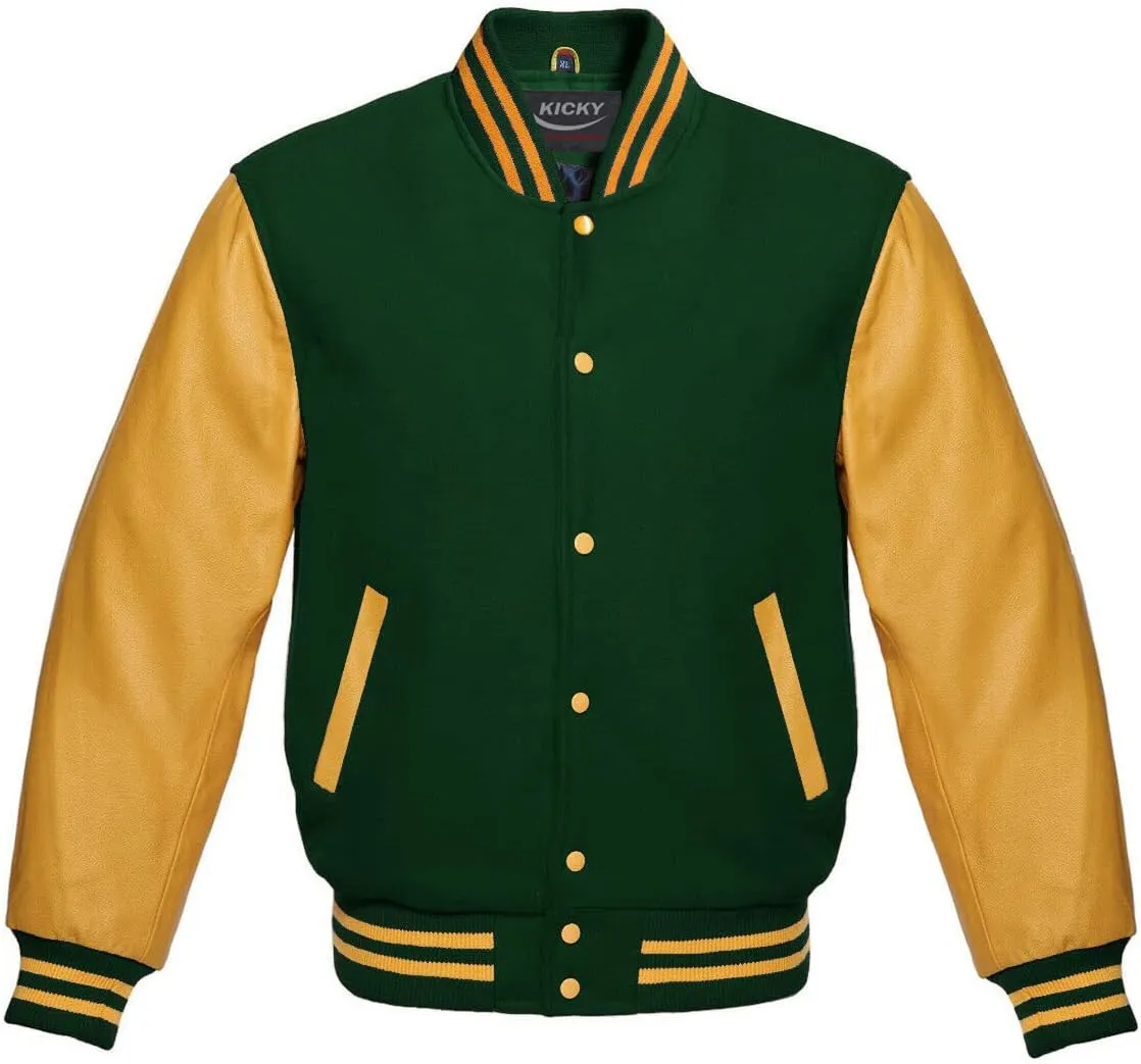 Varsity Jacket Letterman Baseball Jacket Wool body and Cowhide Leather Sleeves 22 Color Options