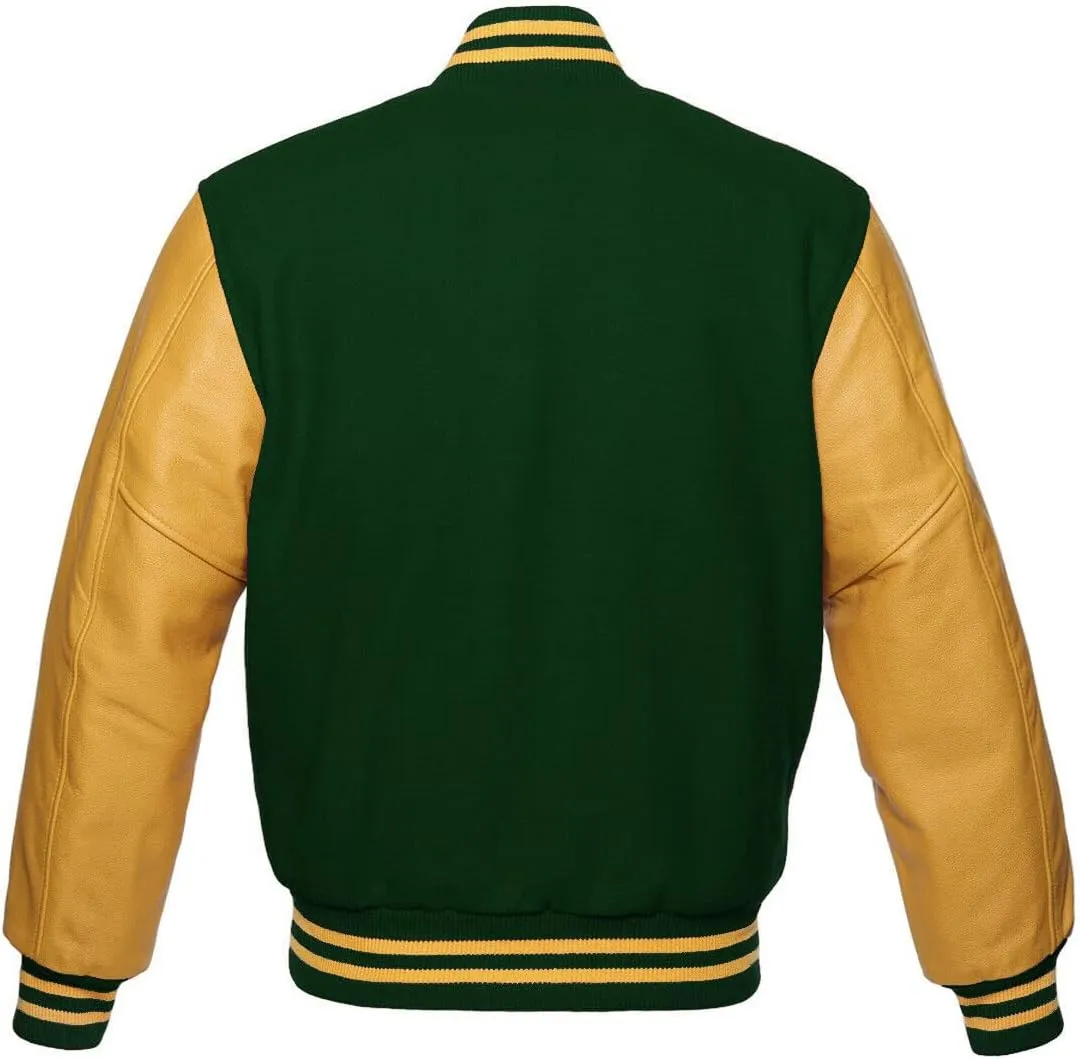 Varsity Jacket Letterman Baseball Jacket Wool body and Cowhide Leather Sleeves 22 Color Options