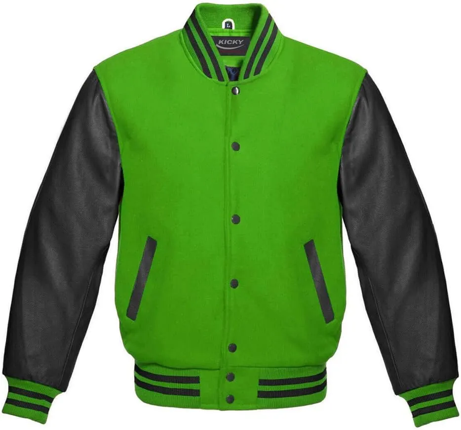 Varsity Jacket Letterman Baseball Jacket Wool body and Cowhide Leather Sleeves 22 Color Options
