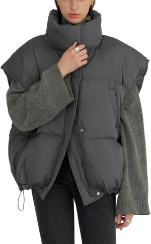 Veatzaer Womens Oversized Puffer Vest Outerwear Stand Collar Drawstring Hem Sleeveless Jackets Zip Warm Winter Coats