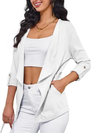 VERABENDI Womens Sweaters 3/4 Roll Sleeve Drawstring Waist Lapel Cardigan for Women with Pockets, S-XL