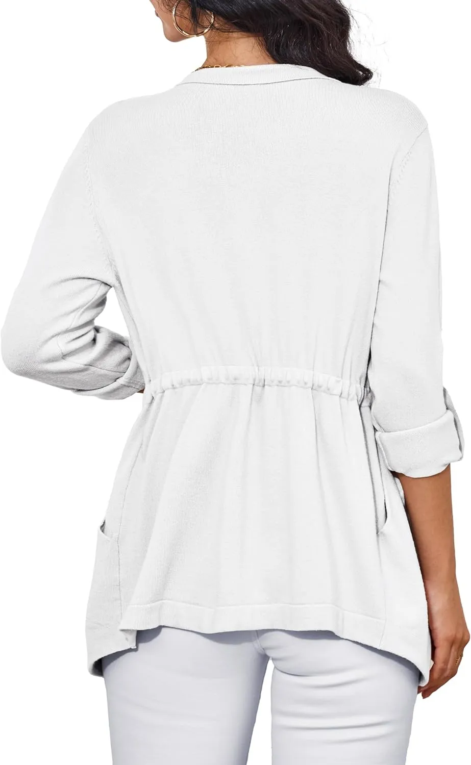 VERABENDI Womens Sweaters 3/4 Roll Sleeve Drawstring Waist Lapel Cardigan for Women with Pockets, S-XL