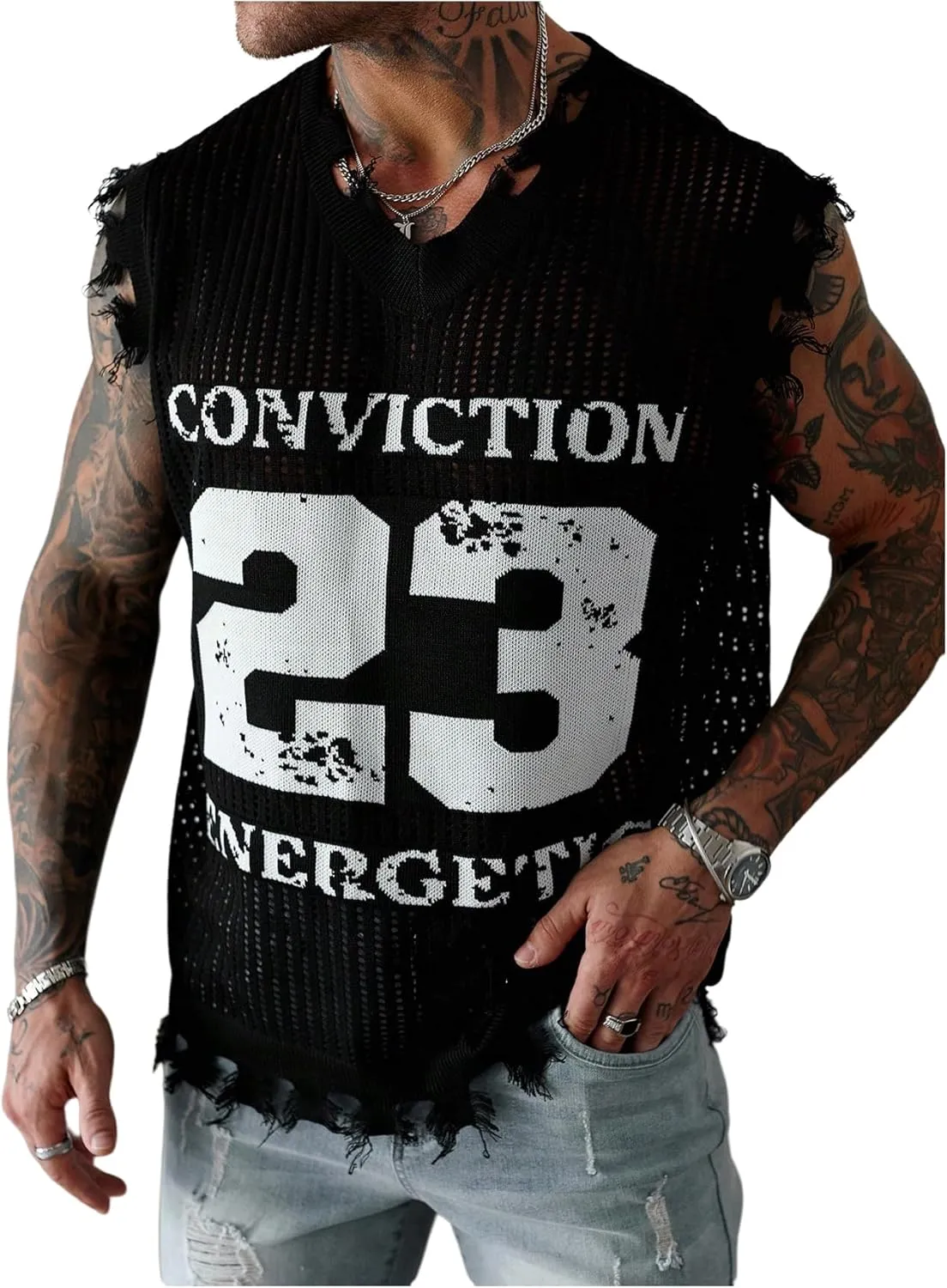 Verdusa Men's Graphic Letter Print Ripped Sweater Vest Sleeveless Summer Knit Tops