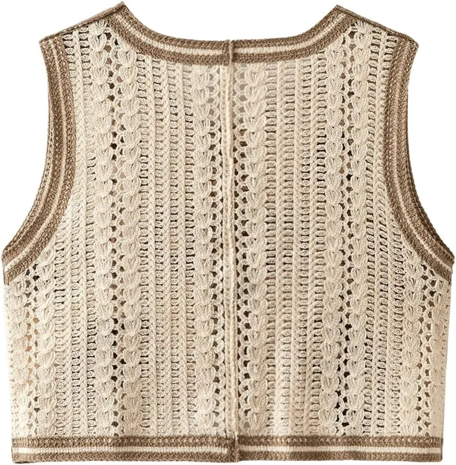 Verdusa Women's Button Front Sleeveless V Neck Crochet Embroidered Knit Sweater Short Vest
