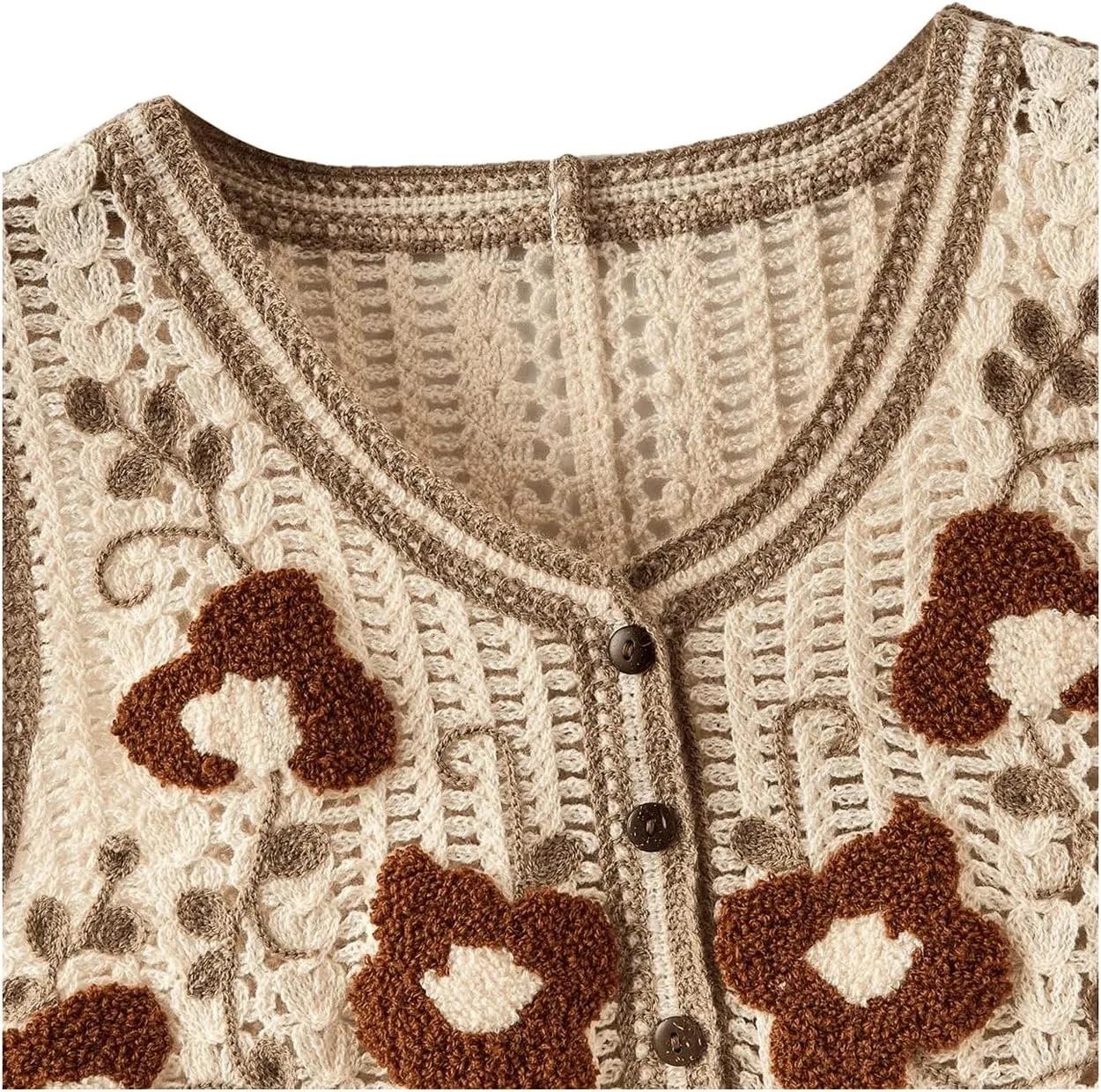Verdusa Women's Button Front Sleeveless V Neck Crochet Embroidered Knit Sweater Short Vest