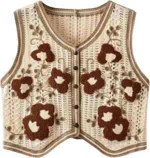 Verdusa Women's Button Front Sleeveless V Neck Crochet Embroidered Knit Sweater Short Vest