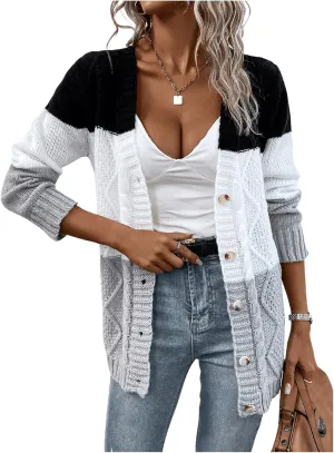 Verdusa Women's Color Block Long Sleeve Button Up Cable Knit Cardigan Sweater