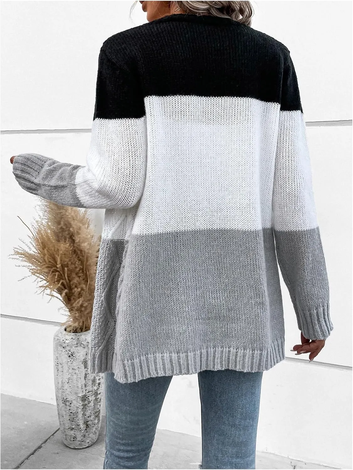 Verdusa Women's Color Block Long Sleeve Button Up Cable Knit Cardigan Sweater