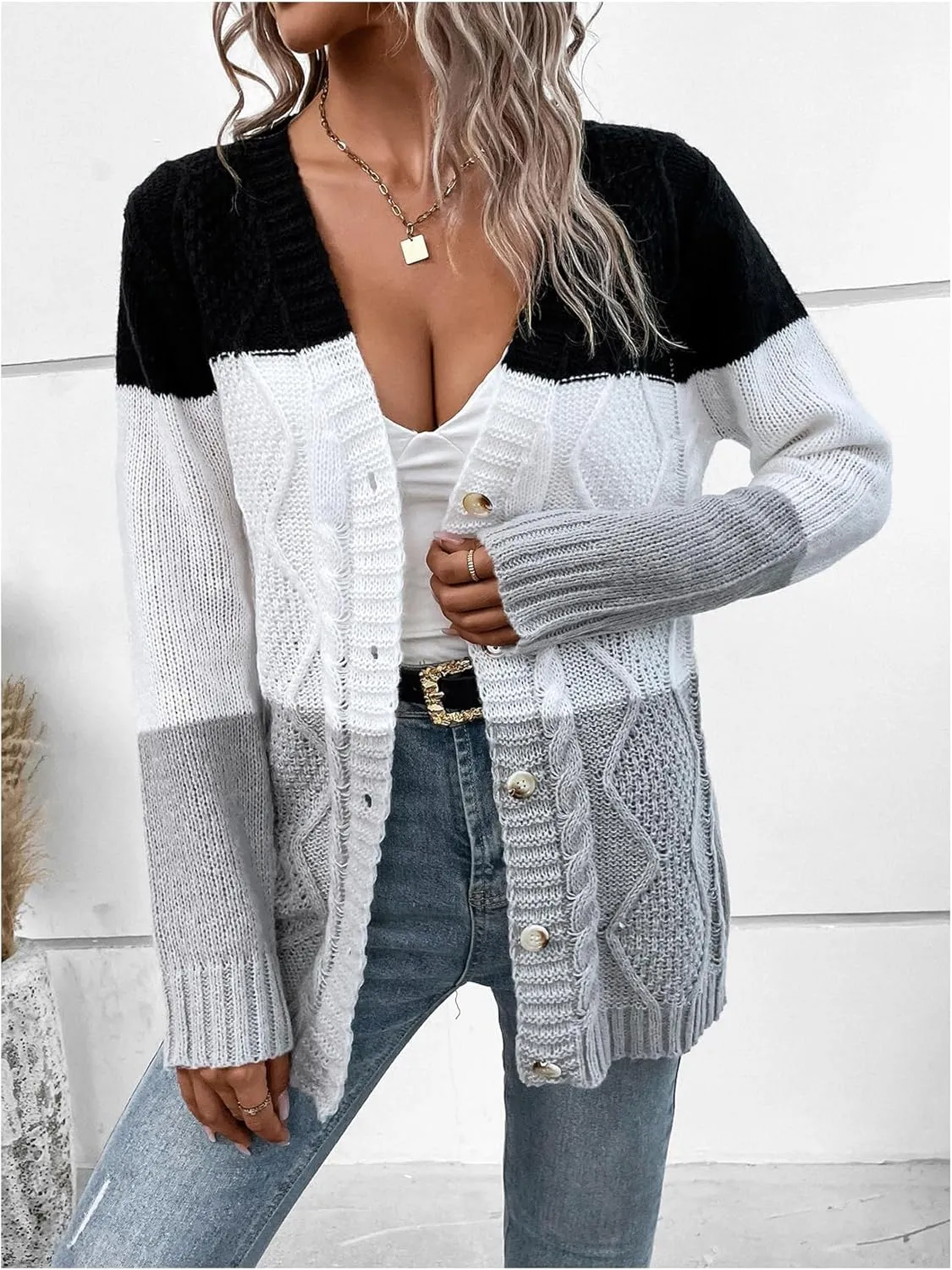 Verdusa Women's Color Block Long Sleeve Button Up Cable Knit Cardigan Sweater
