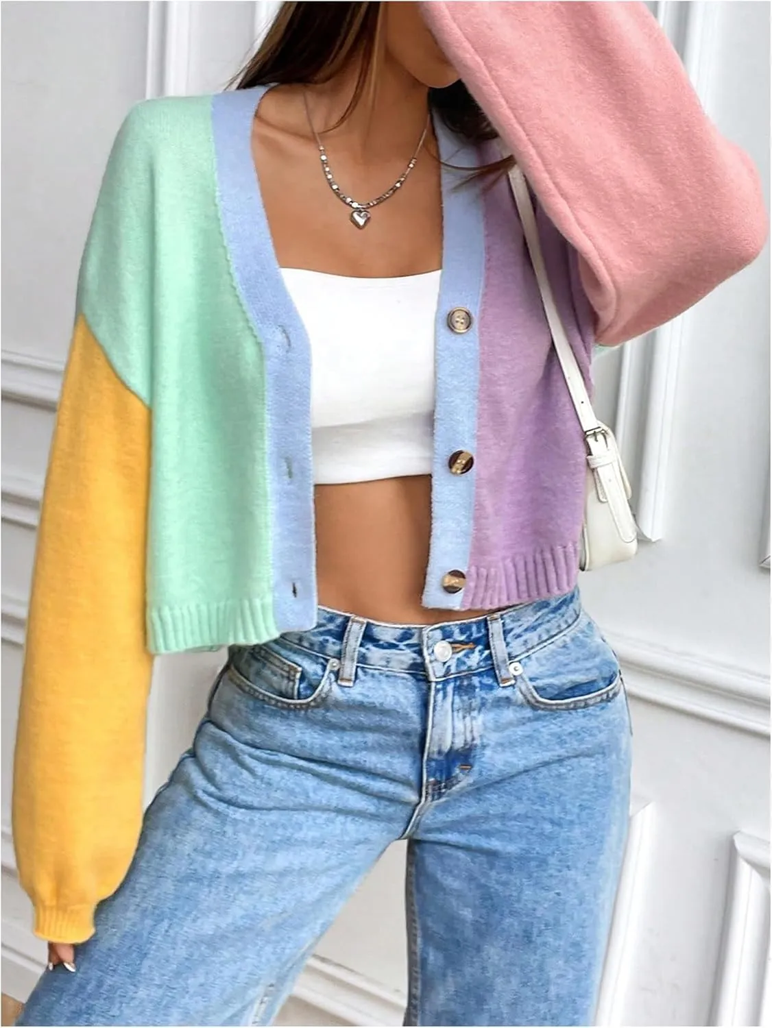 Verdusa Women's Colorful V Neck Open Front Puff Sleeve Sweater Coat 70s Cropped Cardigan Sweaters