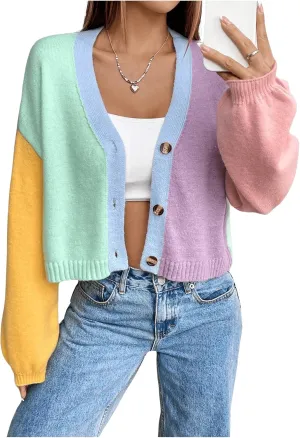 Verdusa Women's Colorful V Neck Open Front Puff Sleeve Sweater Coat 70s Cropped Cardigan Sweaters