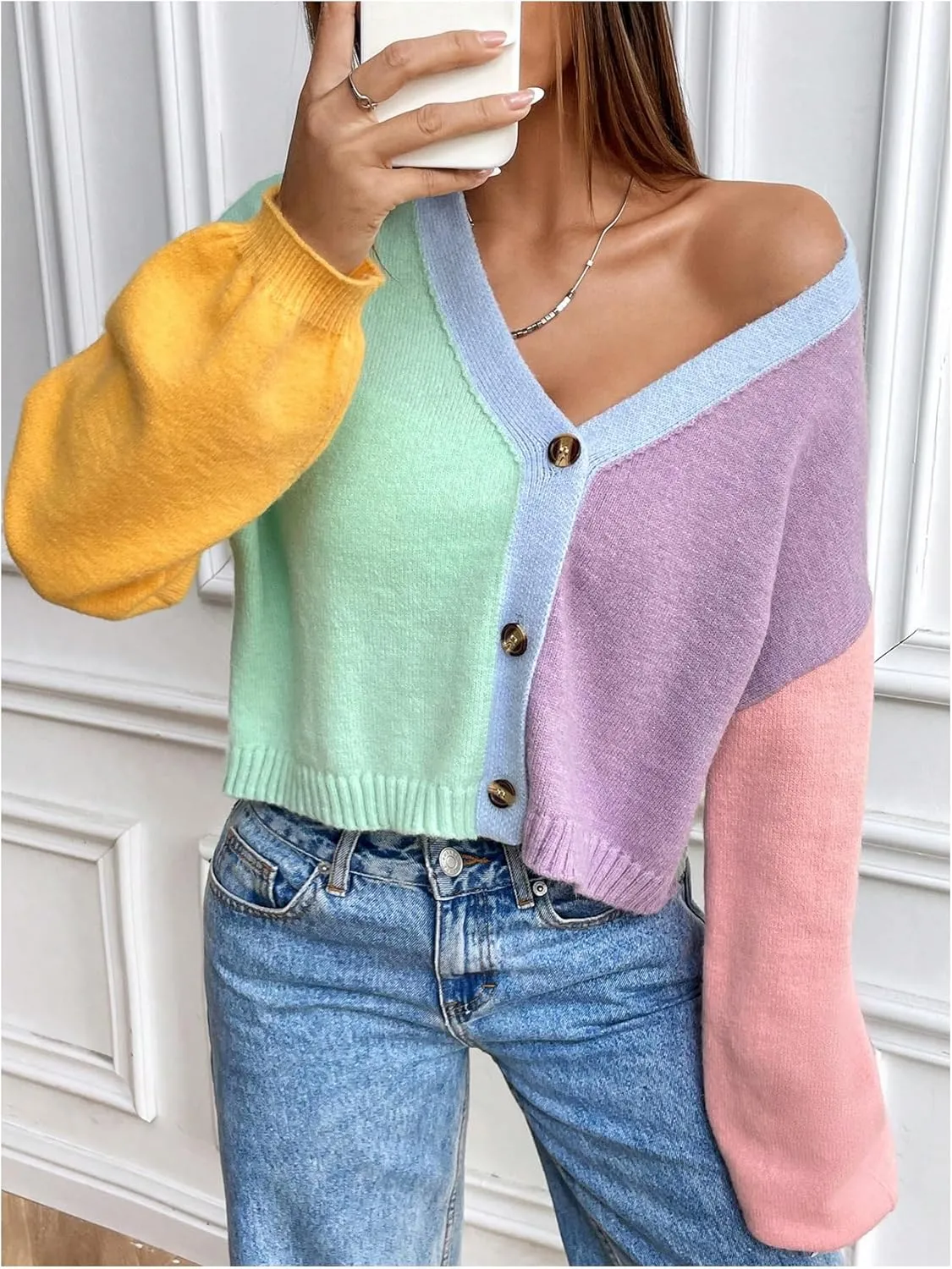Verdusa Women's Colorful V Neck Open Front Puff Sleeve Sweater Coat 70s Cropped Cardigan Sweaters