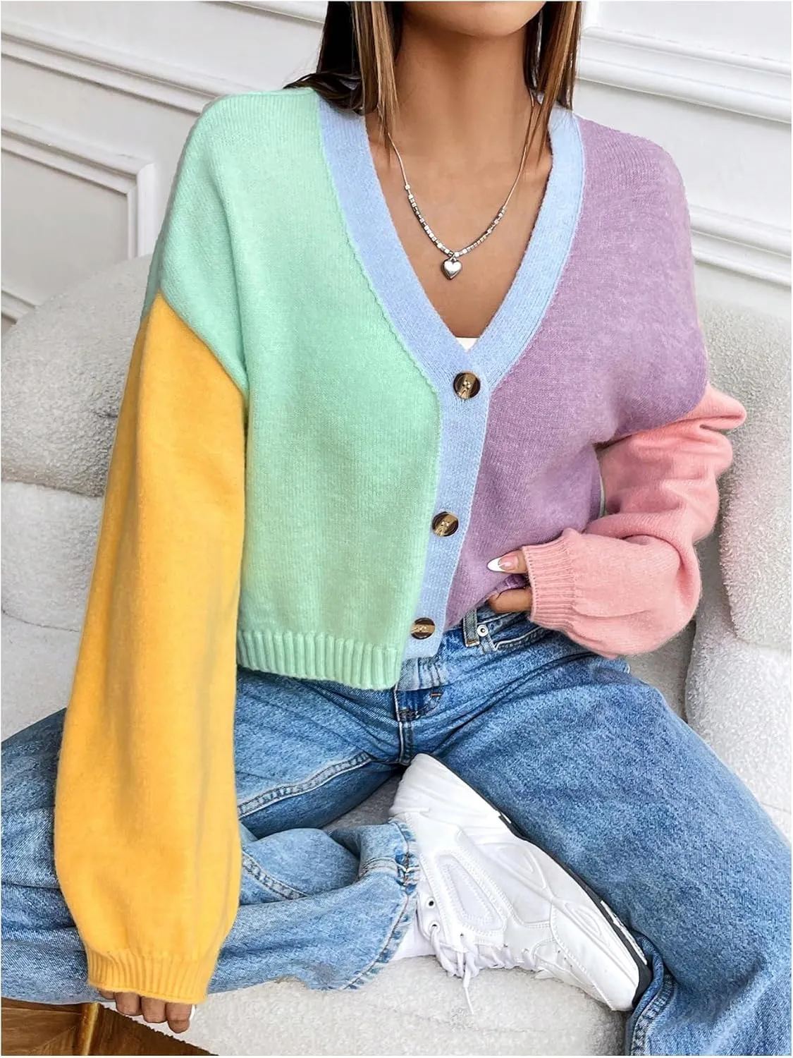 Verdusa Women's Colorful V Neck Open Front Puff Sleeve Sweater Coat 70s Cropped Cardigan Sweaters