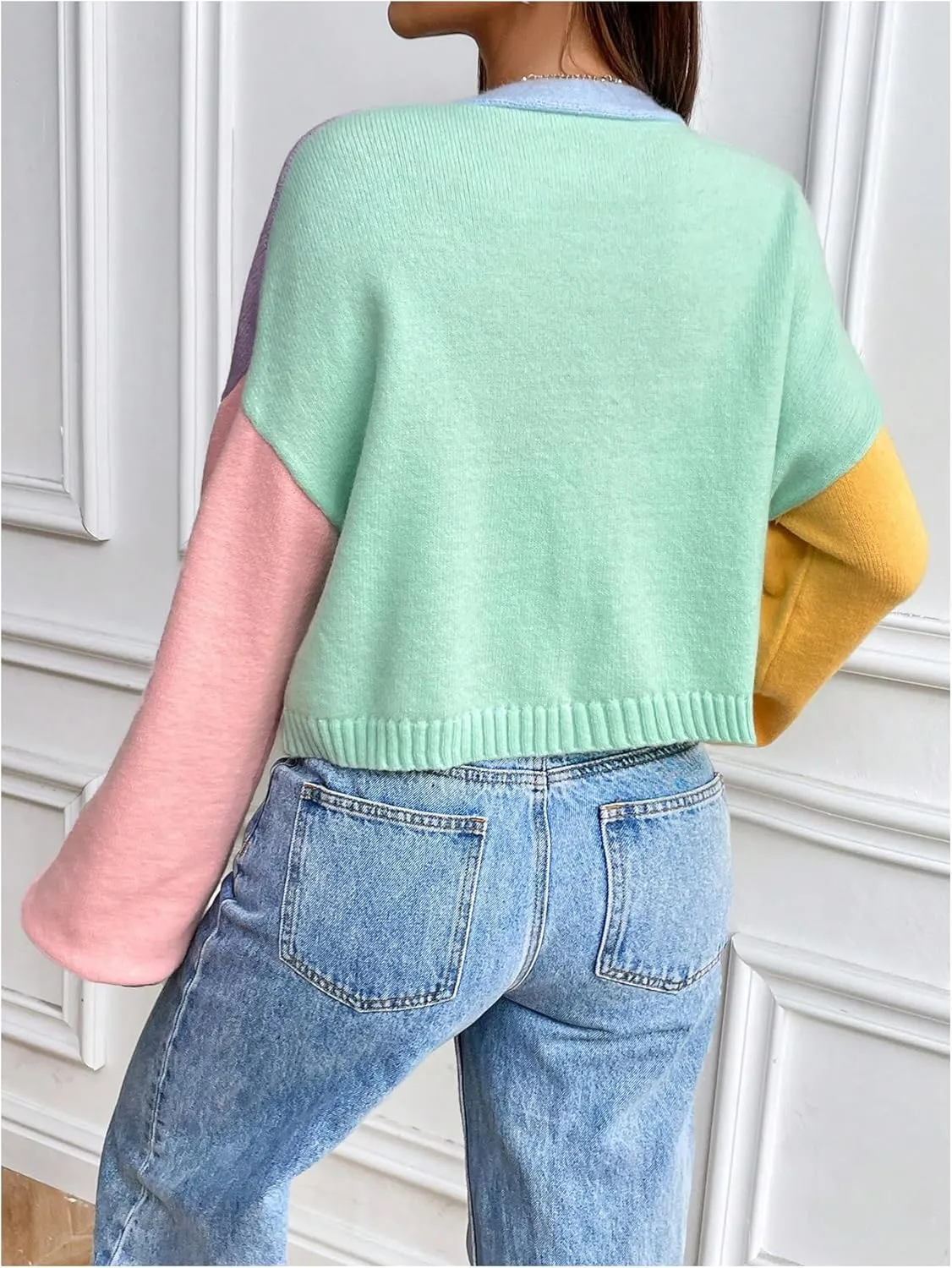 Verdusa Women's Colorful V Neck Open Front Puff Sleeve Sweater Coat 70s Cropped Cardigan Sweaters