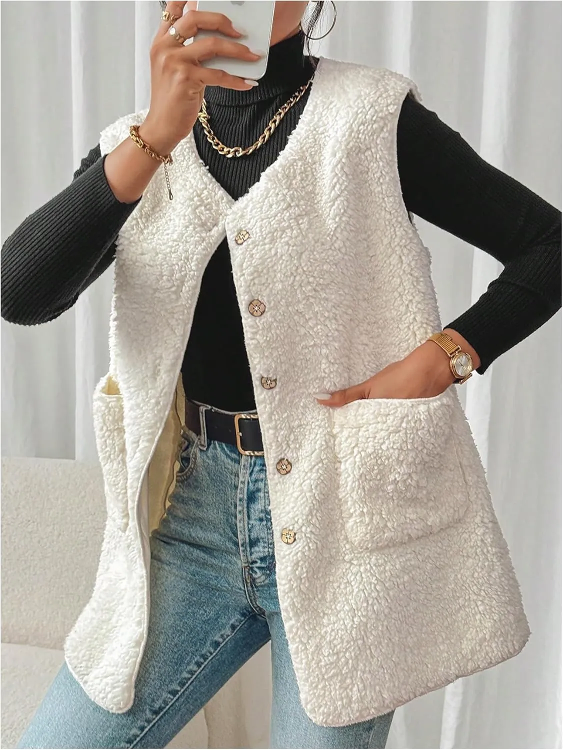 Verdusa Women's Fuzzy Fleece Vest Oversized Sleeveless Sherpa Jacket Warm Button Down Gilet Outerwear with Pockets