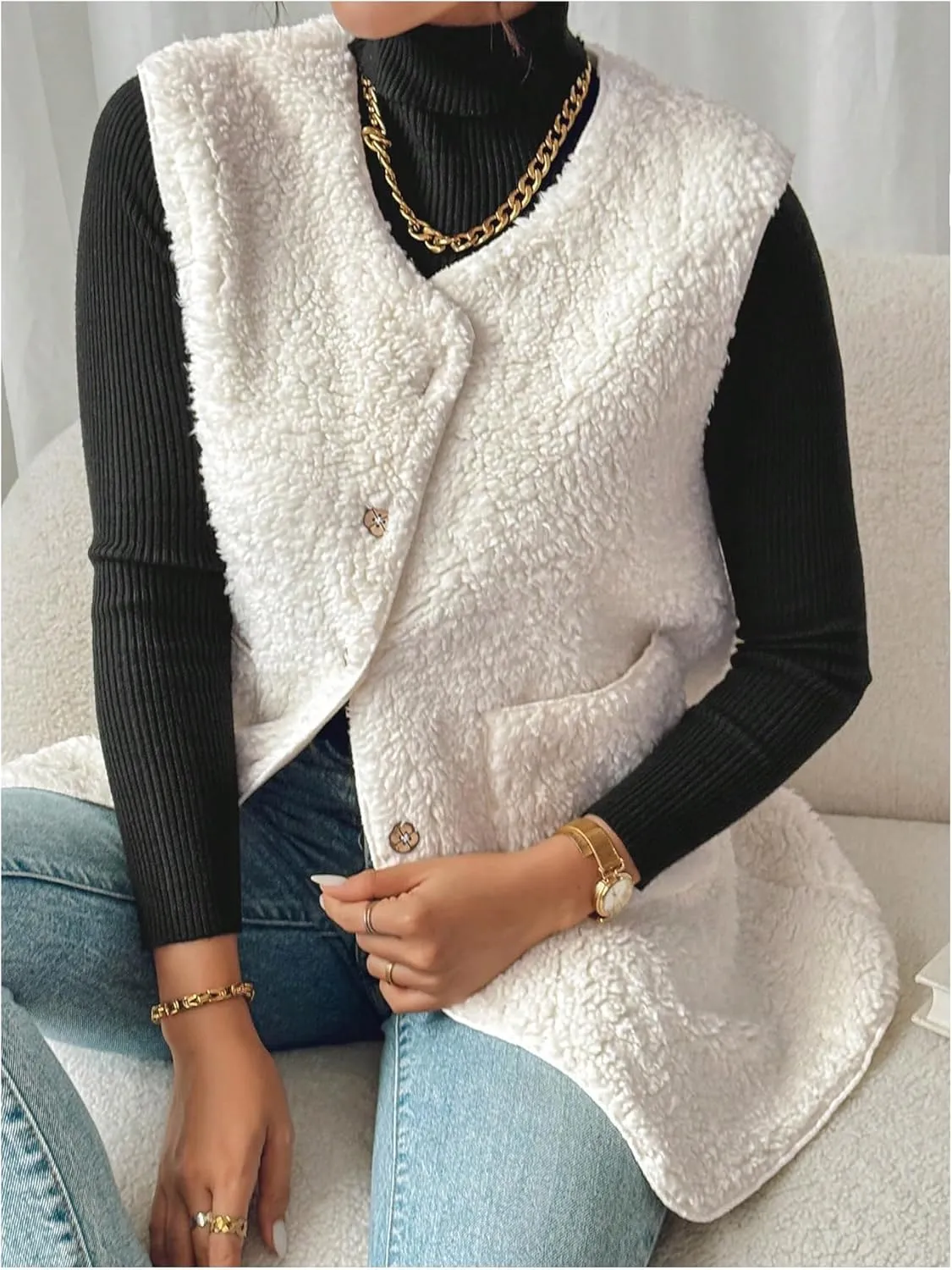 Verdusa Women's Fuzzy Fleece Vest Oversized Sleeveless Sherpa Jacket Warm Button Down Gilet Outerwear with Pockets