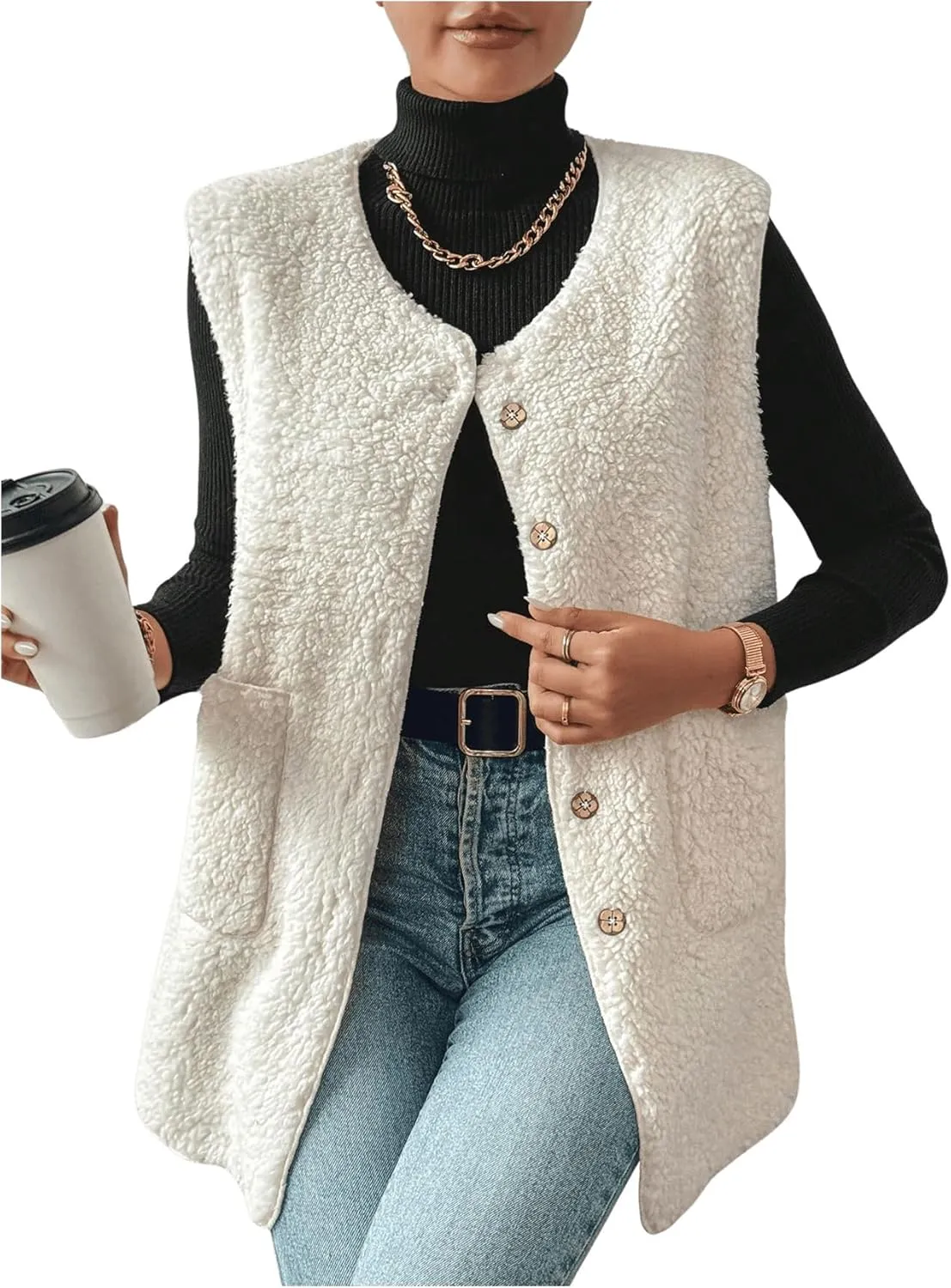 Verdusa Women's Fuzzy Fleece Vest Oversized Sleeveless Sherpa Jacket Warm Button Down Gilet Outerwear with Pockets