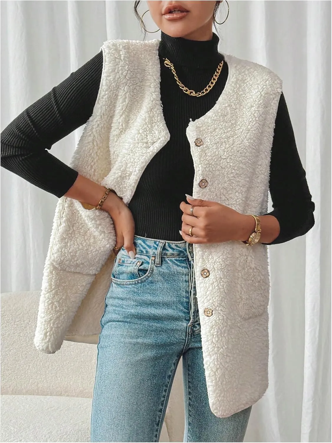 Verdusa Women's Fuzzy Fleece Vest Oversized Sleeveless Sherpa Jacket Warm Button Down Gilet Outerwear with Pockets