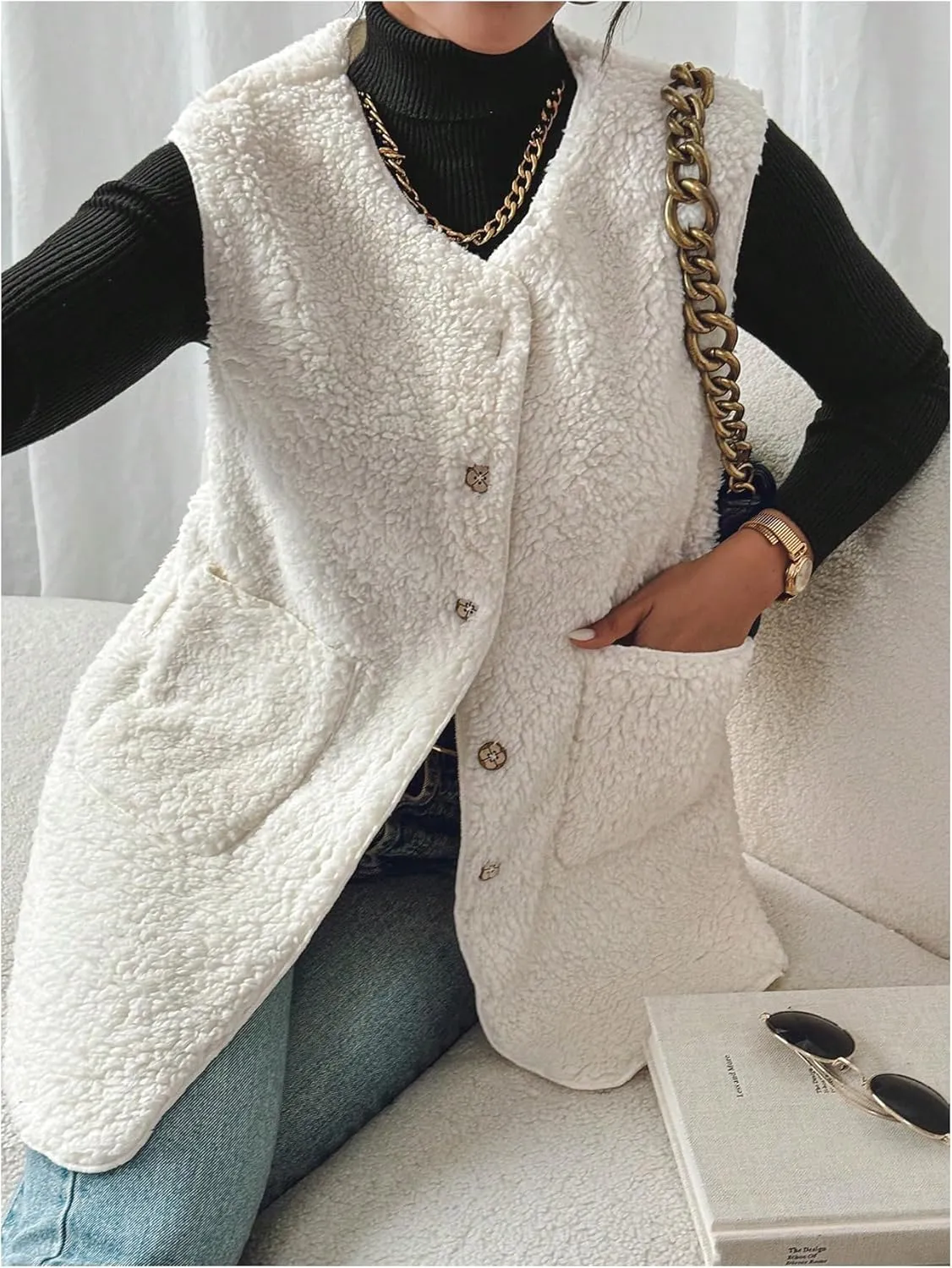 Verdusa Women's Fuzzy Fleece Vest Oversized Sleeveless Sherpa Jacket Warm Button Down Gilet Outerwear with Pockets