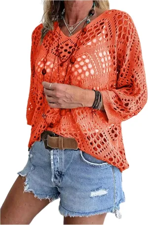 Verdusa Women's Plus Size Hollow Out Sheer Sweaters 3/4 Sleeve V Neck Crochet Pullovers