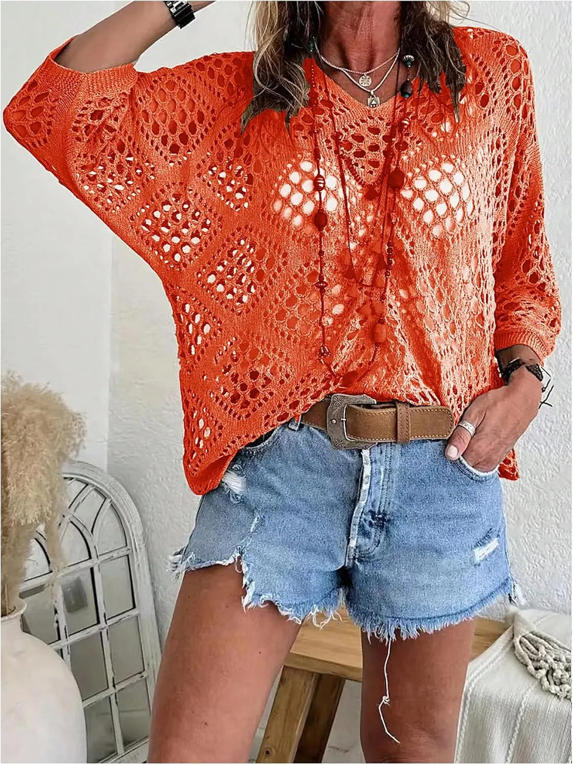 Verdusa Women's Plus Size Hollow Out Sheer Sweaters 3/4 Sleeve V Neck Crochet Pullovers