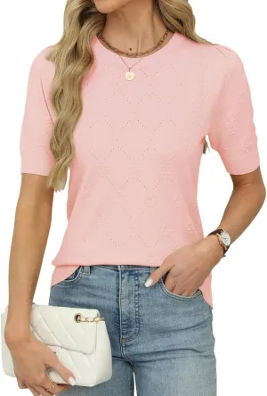 VIMPUNEC Womens Puff Short Sleeve Sweater Summer Crochet Pullover Tops Trendy Casual Knit Shirts Blouses