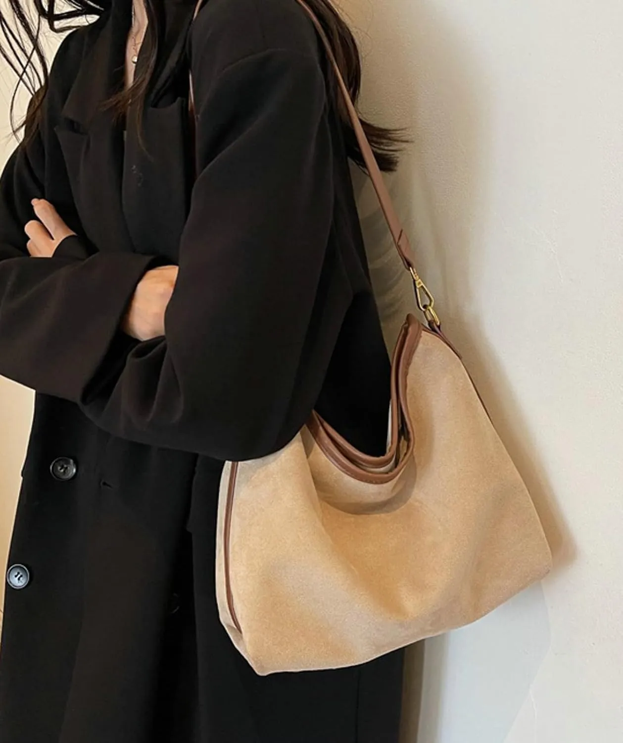 Vintage Faux Suede Crossbody Bag Women 2024 Fall Winter Stylish Bucket Bag College Commute