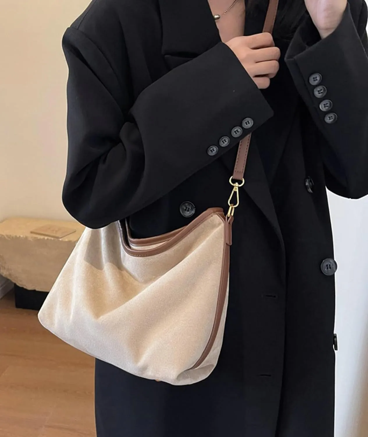 Vintage Faux Suede Crossbody Bag Women 2024 Fall Winter Stylish Bucket Bag College Commute